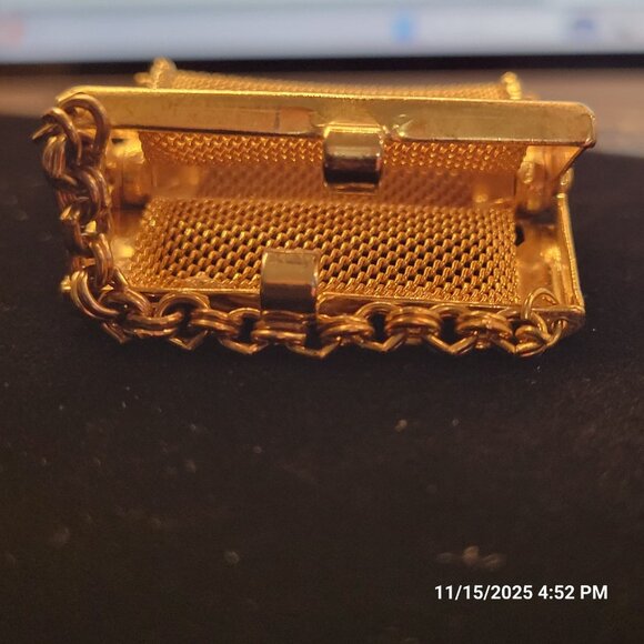 Mesh Purse Miniature Pill Coin Box Doll Gold Tone Jeweled Rhinestones 2" - Picture 7 of 9